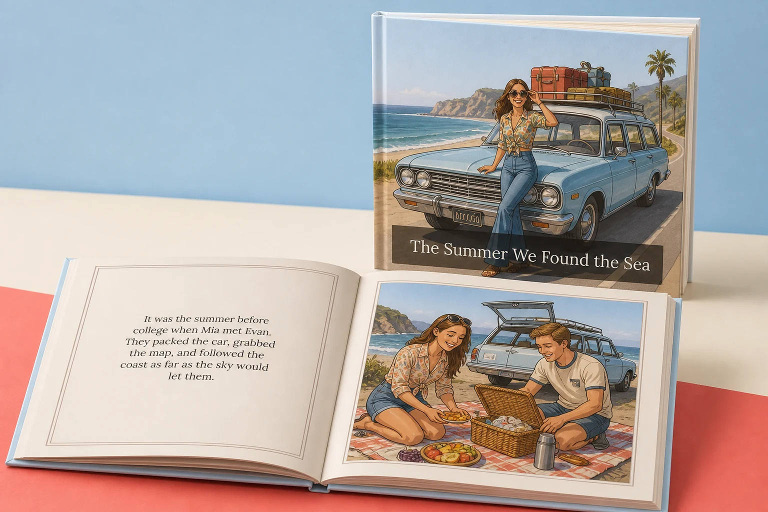 A square Loreloom book with a printed story page beside a full-page family illustration